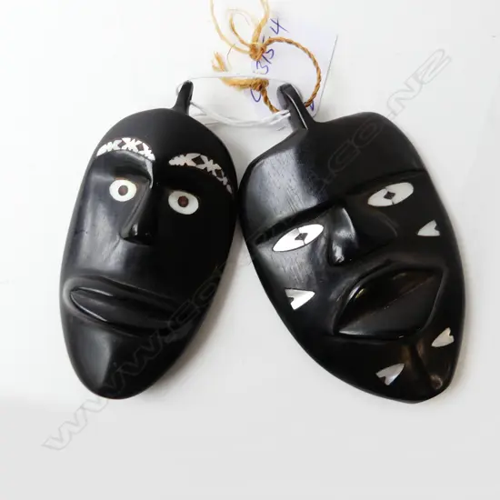 2 carved & polished ebony mask pendants mother of pearl inlays H.100 & 93mm