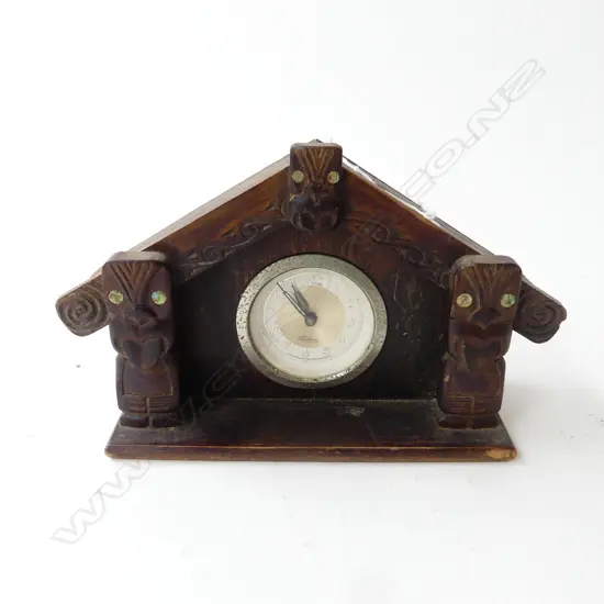 'Aatahua' Māori meeting house shaped clock with German movement W.200mm dial named Aatahua. Running