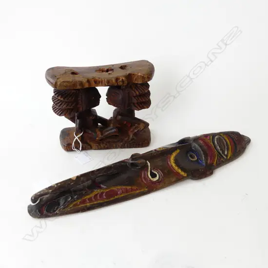 TWO PCS TRIBAL ART; SOMALIAN HEADREST & ANCESTOR MASK, H.440mm