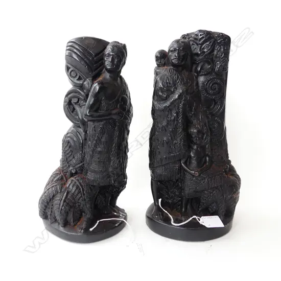 TWO VINTAGE WAXED STATUETTES, MAORI FIGURES IN TRADITIONAL COSTUME w CARVINGS IN B/GND