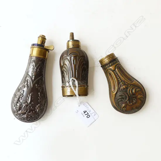 3 ANTIQUE POWDER FLASKS; ORNATE DESIGN L.130mm
