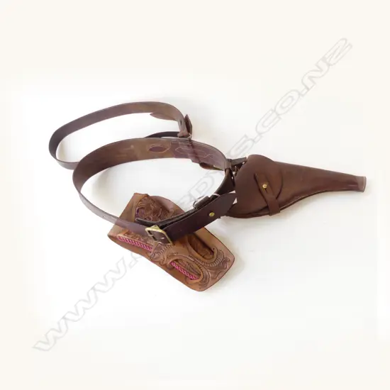 2 LEATHER GUN HOLDERS, 1 TOOLED, 1 w. BELT