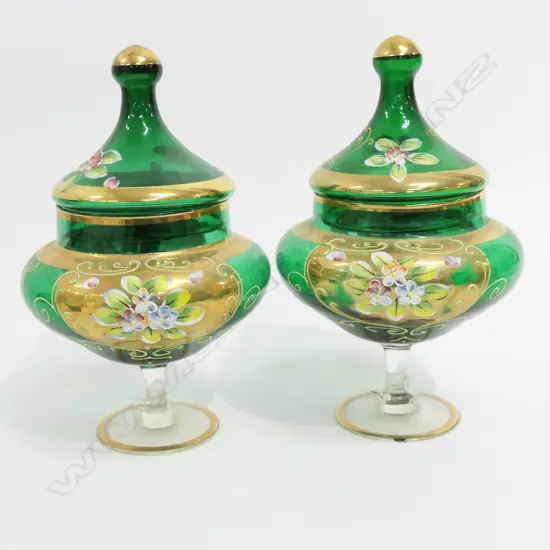 PR GREEN VENETIAN GLASS LIDDED CONTAINERS H.245mm
