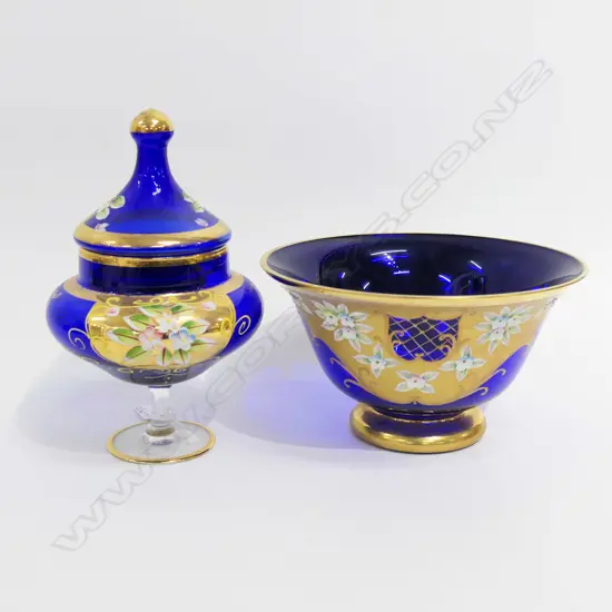 2 PCES BLUE VENETIAN GLASS, BOWL 240mm dia & LIDDED CONTAINER H.245mm
