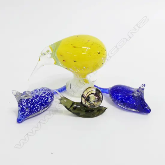 4 ART GLASS ANIMALS; KIWI H.95mm, PR MICE, SNAIL