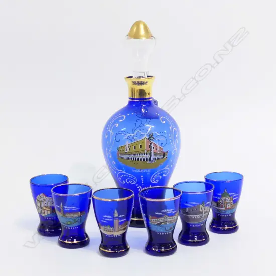 BLUE VENETIAN GLASS DECANTER H.245mm & 6 GLASSES