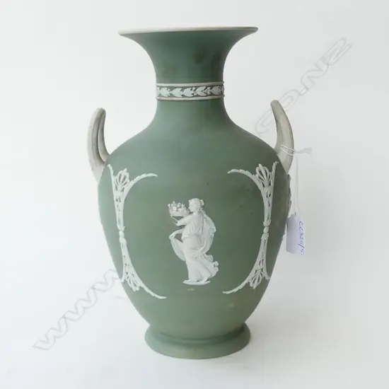 WEDGWOOD SAGE GREEN JASPERWARE VASE, losses to applied decoration H.270mm