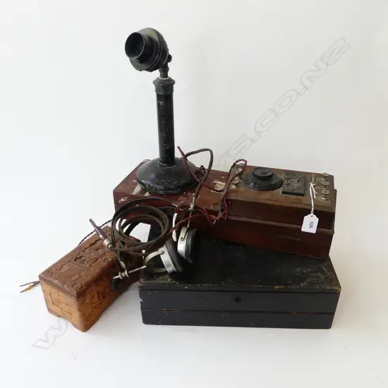 TWO WOODEN BOXES, WRITING CASE, ANTIQUE TELEPHONE etc