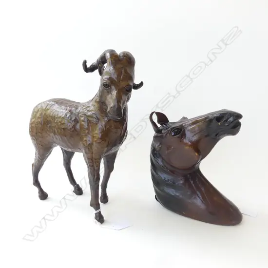 *RTV* 2 LEATHER FINISHED ANIMALS; WALL HUNG HORSE HEAD 170 X 190mm & GOAT w HORNS H.280 x 240mm