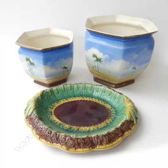 TWO FALCON WARE JARDINIERE H215mm, WITH MAJOLICA DISH W325mm AF