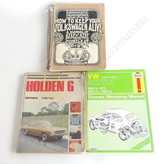 3 VINTAGE CAR WORKSHOP MANUALS; HOLDEN 6 HQ-HJ, VW BEETLE 1965-75 & 'HOW TO KEEP YOUR VOLKSWAGON ALIVE'