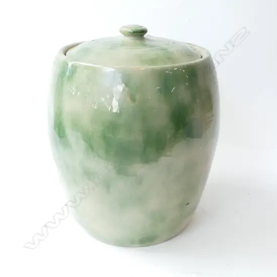 LRG VINTAGE TIMARU POTTERY BREAD CROCK, LIDDED, SPECKLED GREEN GLAZE, H.300mm