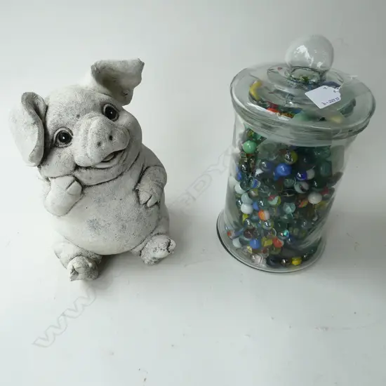 WHITE CONCRETE PIG + JAR OF MARBLES H.280mm