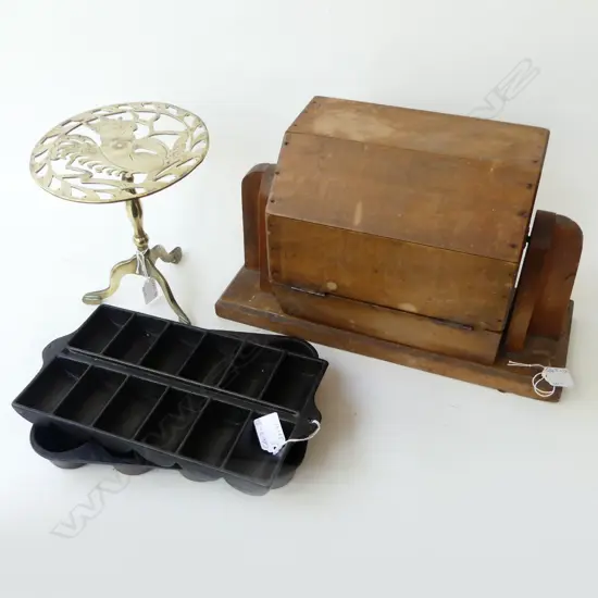 VINTAGE WOODEN RAFFLE SPINNER, 2 CAST IRON GINGER GEM & MUFFIN PANS & BRASS PEDESTAL TRIVET