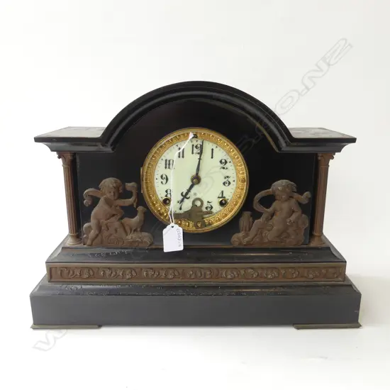 ANTIQUE ANSONIA CAST IRON MANTLE CLOCK, W410mm