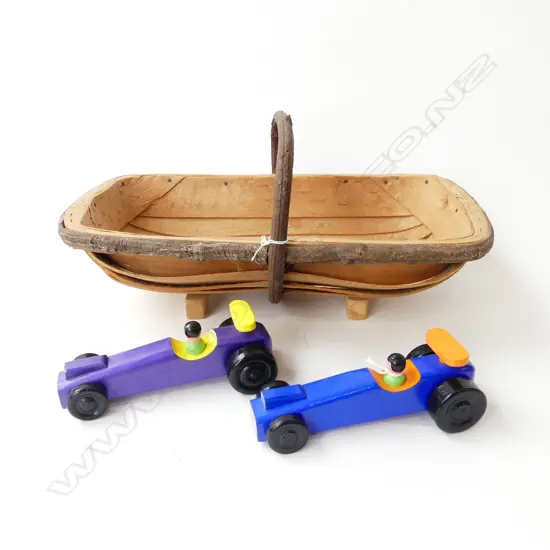 WOODEN FLOWER TRUG BASKET & 2 WOODEN RACING CARS
