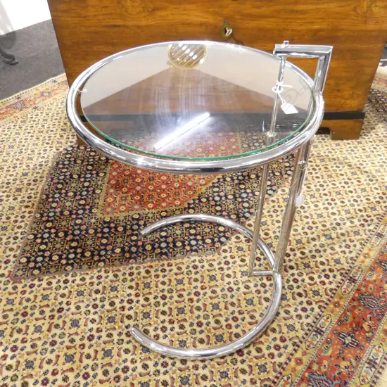 EILEEN GRAY E 1027 STYLE CHROME & GLASS SIDE TABLE 510mm dia