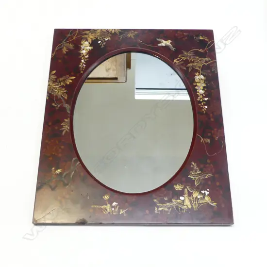 RED JAPANESE LACQUER OVAL MIRROR c.1900, APPLIED STONE DETAIL TO FRAME, 600 x 700mm