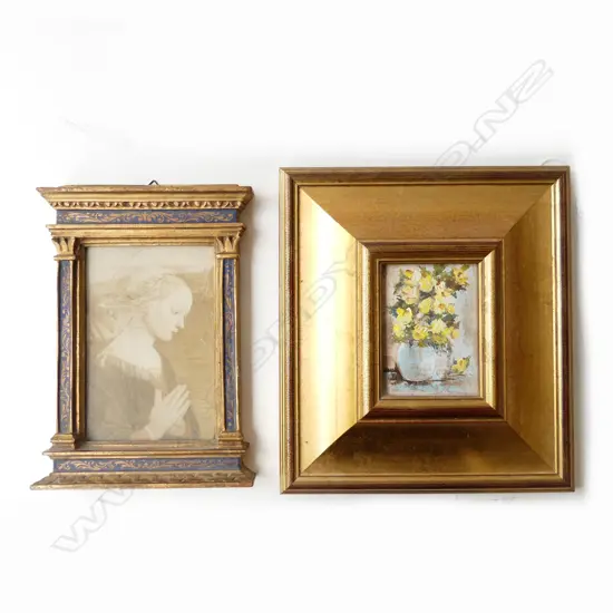 2 ARTWORKS; YELLOW FLOWERS STILL LIFE, 95x70mm, FILIPPO LIPPI 'PRE DIEU' PRINT (DETAIL)