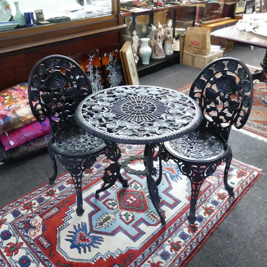 3 PCE BLACK METAL PATIO SET; TABLE & PR CHAIRS