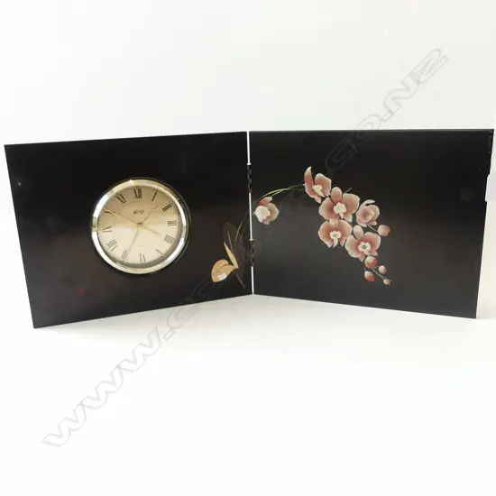 ORIENTAL BLACK LACQUER CLOCK, FOLDING BOOK FORM 230x600mm