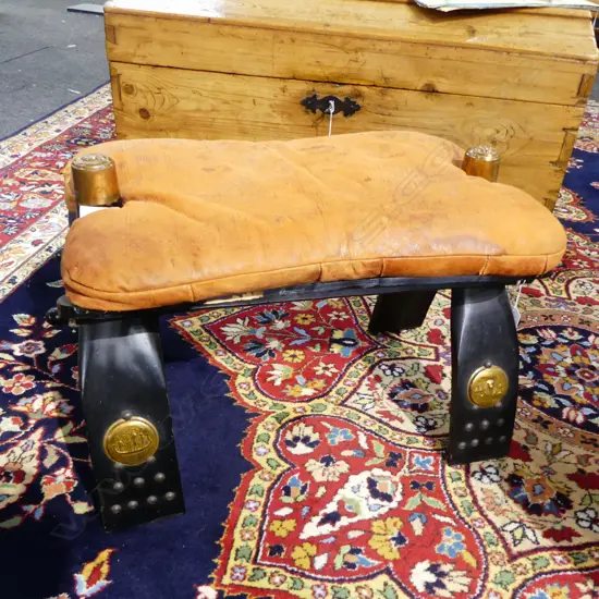 LEATHER CAMEL STOOL W. BRASS EGYPTIAN ROUNDELS 600x320x390mm