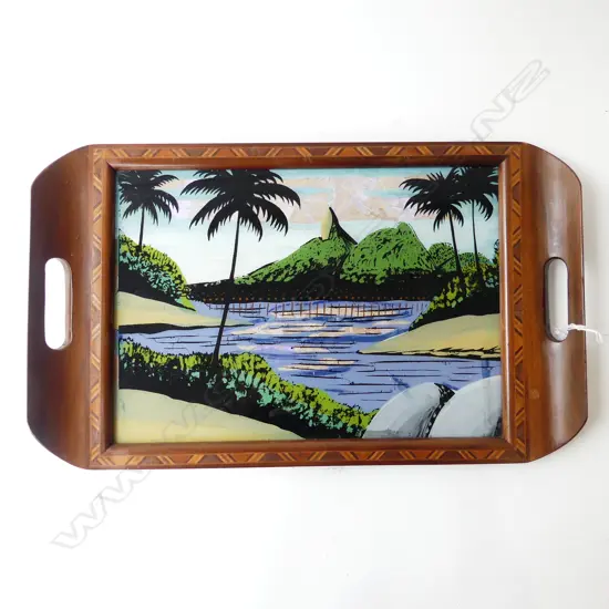 WALL HUNG WOODEN TRAY, BUTTERFLY WING DECORATION & MARQUETRY BORDER