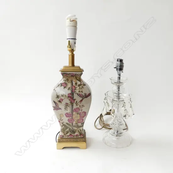TWO LAMPS; ONE w CRYSTAL DROPS, H.400mm & ORIENTAL STYLE w BIRDS ON GOLD STAND H.400mm
