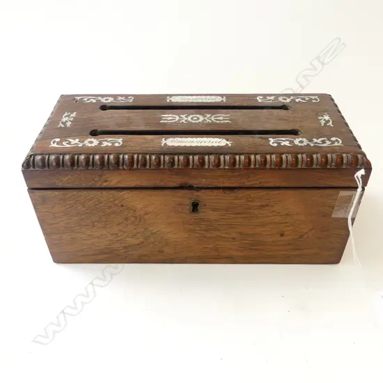 ANTIQUE MAHOGANY LETTER BOX w. MoP INLAY W.230mm 'ANSWERED' 'UNANSWERED'