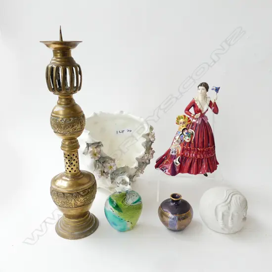 6 PCES; FIGURINE, CANDLESTICK H.390mm, 2 VASES, STONE ART, ART GLASS PERFUME BOTTLE