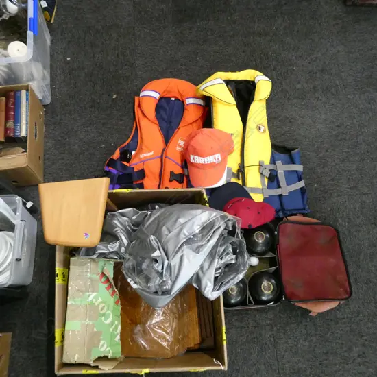 2 LIFE JACKETS, HATS, LAWN BOWLS ETC