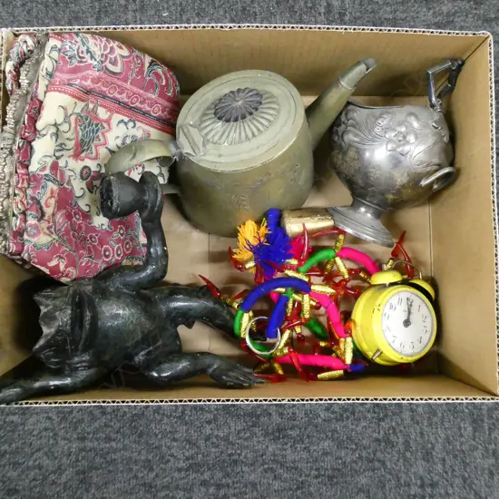 ASST ITEMS; BRONZED FROG H.290mm, EP, PURSE, BOLTS ETC