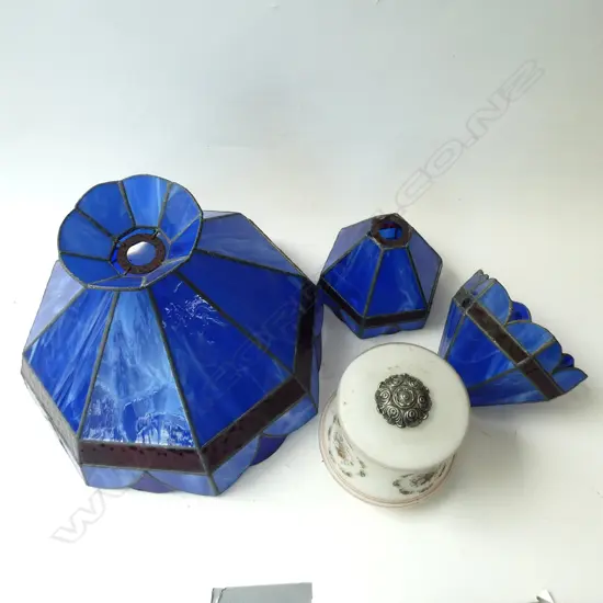 BLUE GLASS LEAD LIGHT PENDANT + 2 SMALLER & 1 OTHER