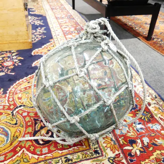 OLD GLASS FISHING FLOAT w. NETTING, APPROX DIA.350mm, hand blown