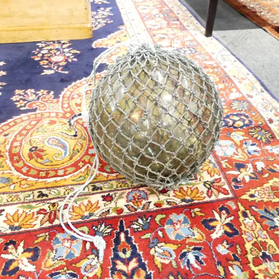 OLD GLASS FISHING FLOAT w. NETTING, APPROX DIA.300mm, hand blown