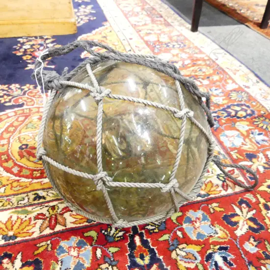 OLD GLASS FISHING FLOAT w. NETTING, APPROX DIA.300mm, hand blown