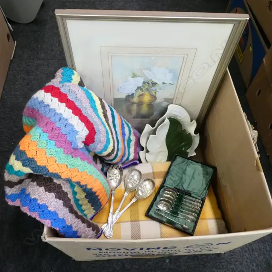 2 WOOL BLANKETS, 2 PRINTS, 3 EP BERRY SPOONS ETC