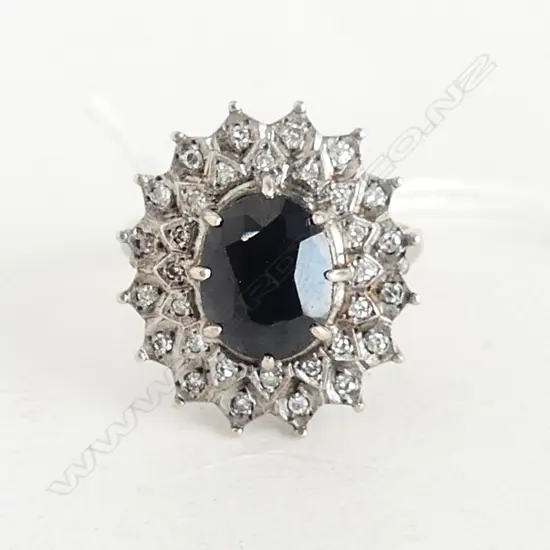9CT DARK SAPPHIRE AND SINGLE CUT DIAMONDS RING, 5.7gms SIZE Q