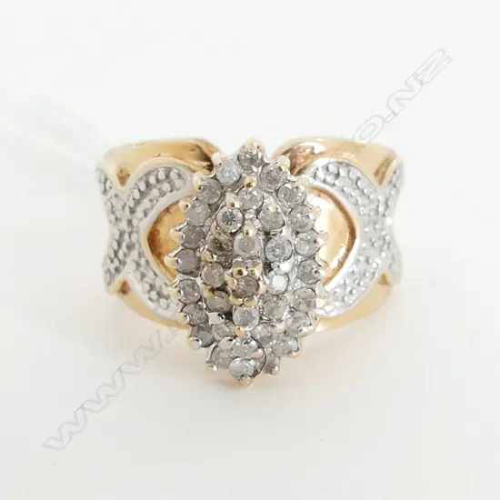 10ct YELLOW GOLD & DIAMOND CLUSTER DESIGNER RING wide band 6.9gms size M