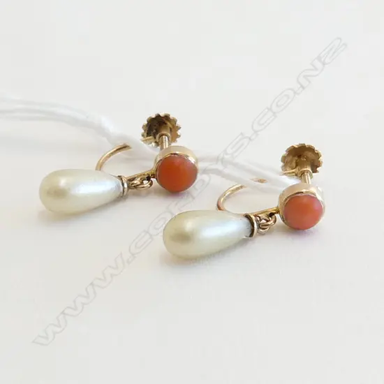 PR 9ct ROSE GOLD CORAL & FAUX PEARL DROP EARRINGS 2gms. screw fittings