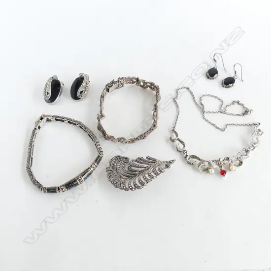 COLLECTION OF MARQUISITE & SILVER JEWLERY