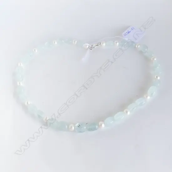 AQUAMARINE & PEARL NECKLACE w SILVER CLASP