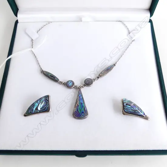 SILVER & PAUA NECKLACE + CLIP-ON EARRINGS, CASED