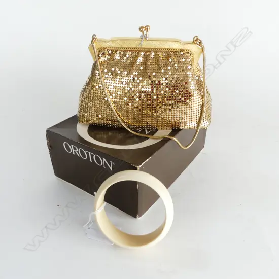 GOLD TONE OROTON PURSE, BOXED AS NEW + IVORY BANGLE 65mm int. dia.