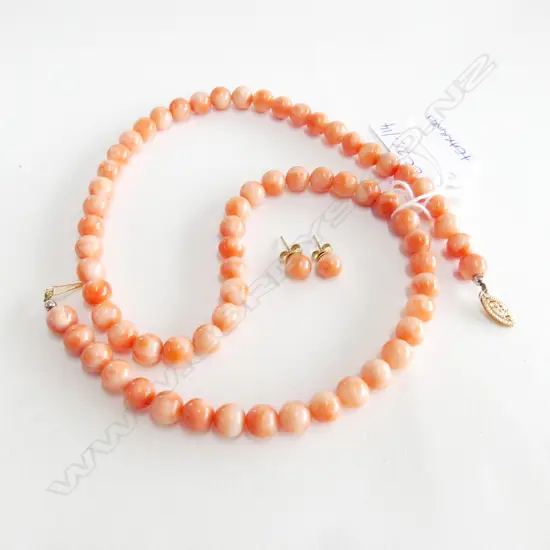 CORAL BEAD NECKLACE L.510mm w. 14CT CLASP + PR EARRINGS
