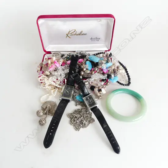 ASST. COSTUME JEWELLERY INCL. NECKLACES (PEARL ETC), GLASS BANGLE, 2 WRIST WATCHES ETC