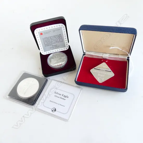 2 SILVER COINS & INGOT; CANADA COM. COIN, USA SILVER EAGLE DOLLAR 1997, 1982 AUS. COM. 998 SILVER INGOT 25grms