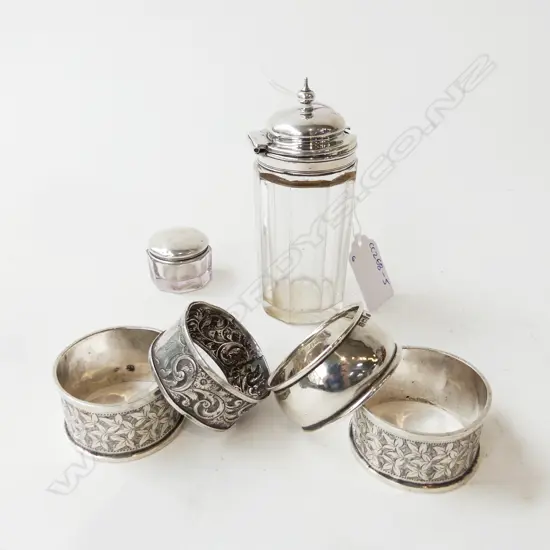 4 PCES STG SILVER; SERVIETTE RINGS 1 PR 2 OTHER 58grms, SML STG SILVER LIDDED POT w. LARGER