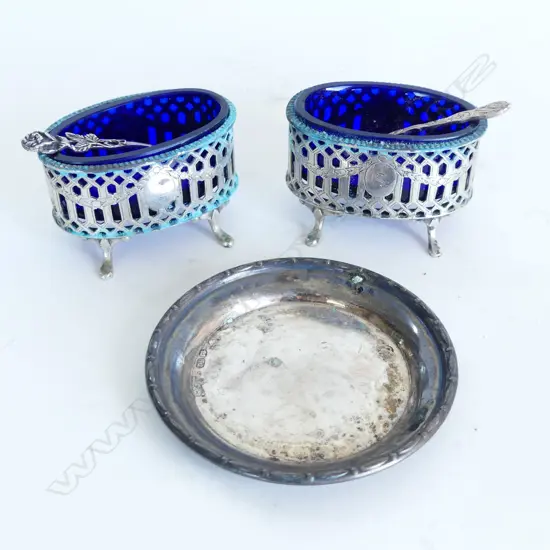 PR OF DANISH SILVER BLUE GLASS LINED SALTS  &  SILVER DISH 80GMS SILVER WIEGHT