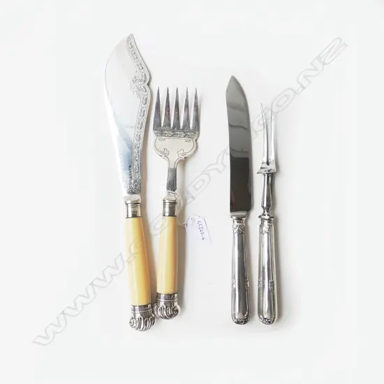 FISH SLICE & FORK w. STG SILVER KNOBS/FERRULES & IVORY; SHEF. 1912. w. WALKER & HALL EP KNIFE & FORK